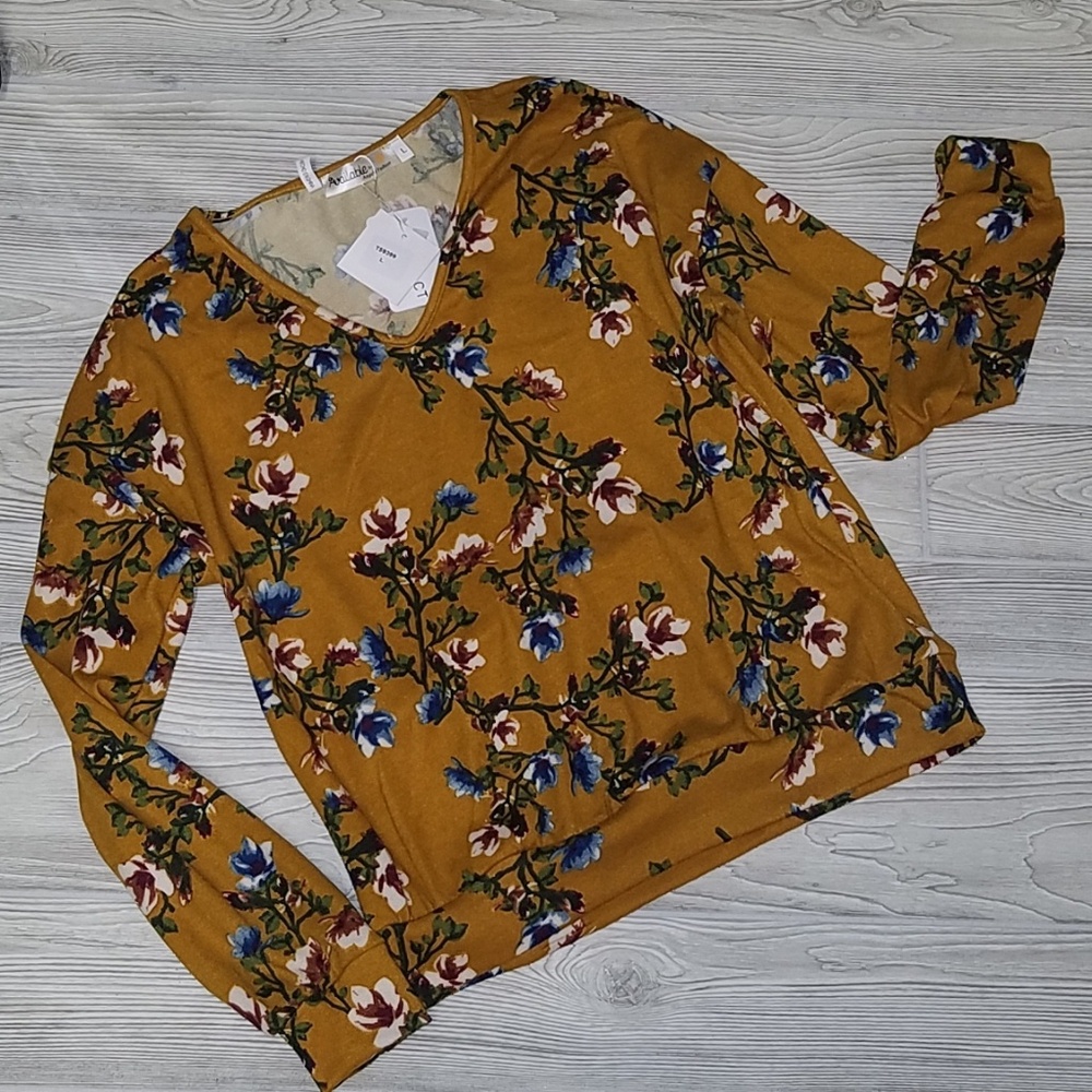 NWT Mustard Flowered V-Neck Long Sleeved Top